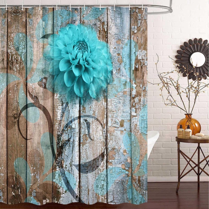JAWO Farmhouse Flower Floral Shower Curtain, Rustic Teal Turquoise Dahlia Shower Curtain Set, Country Blue Wild Garden Plant Fabric Shower Curtain with Hooks, Surreal Bathroom Curtain, 69x70inch - Image 5